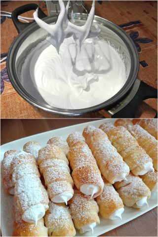 Házi készítésű krémtölcsérek olasz habcsókkal töltve, igazi csemege!