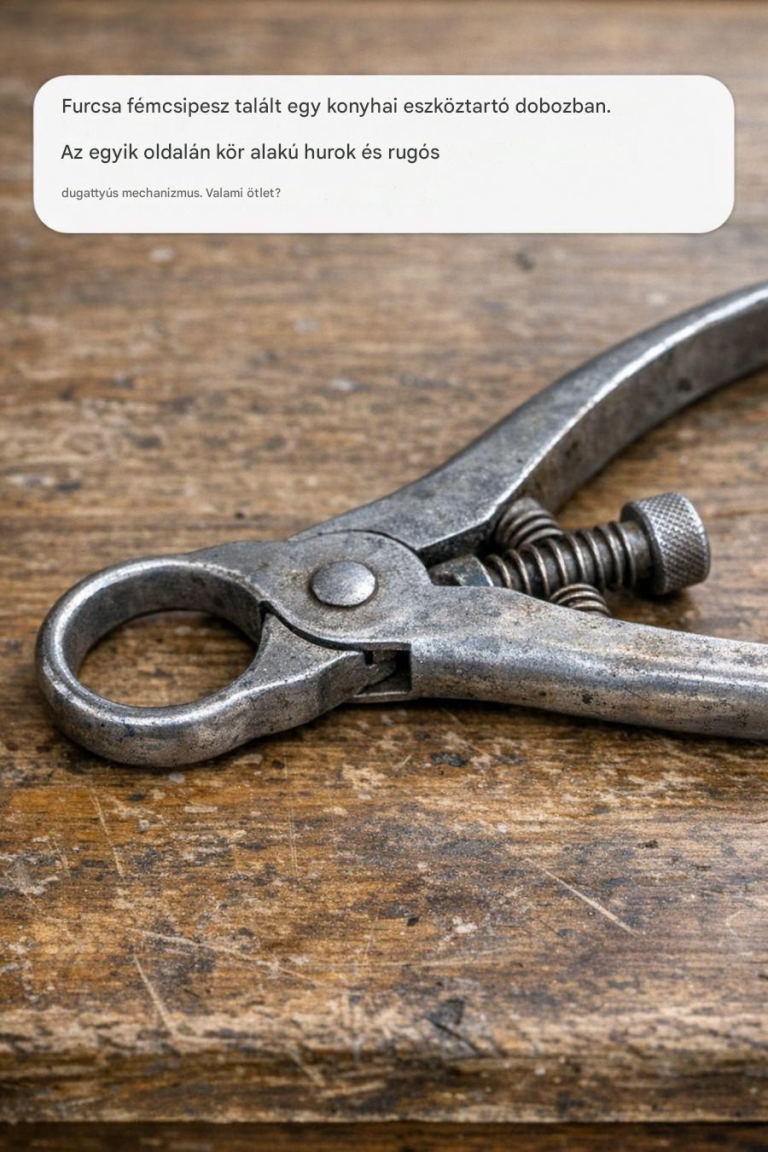 Furcsa fémcsipesz, amit egy konyhai fiókban találtam. Az egyik oldalán egy kerek gyűrű és egy rugós mechanizmus van. Van valami ötletetek?